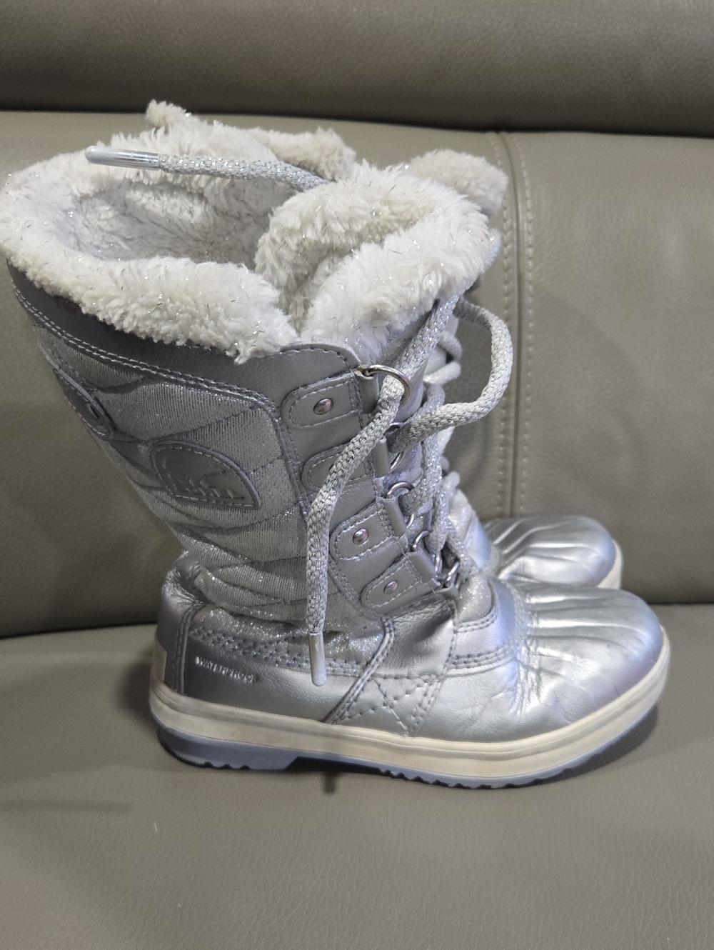 Kids Silver Winter Snow Boots with Faux Fur Lining